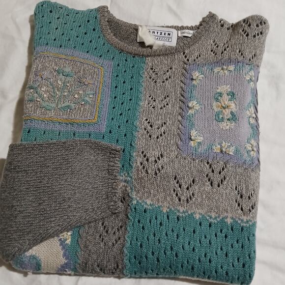 VTG Jantzen Classic Color Block Sweater Embroidered By Hand L/XL Grey/Aqua - Picture 5 of 16